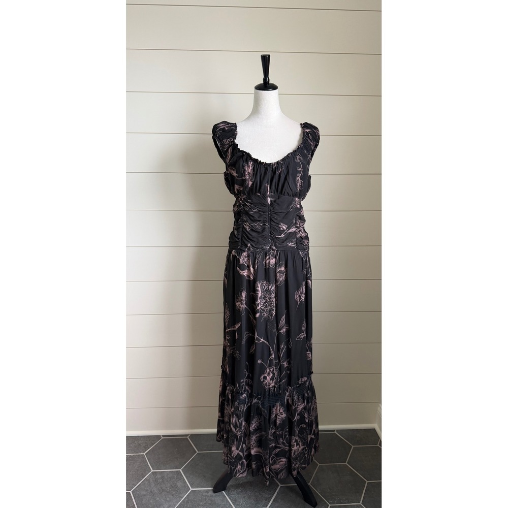 Anthropologie Black Floral Ruched Smocked Tiered‎ Midi Dress Womens Medium
